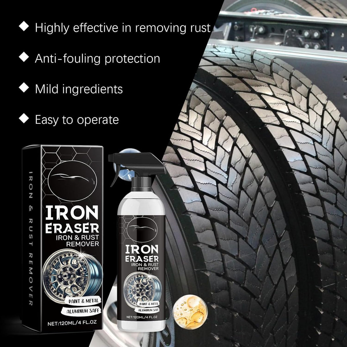 Iron Eraser Rust Remover Spray, Iron Powder Remover Spray for Car Wheels and Paint Fast Acting Rust and Brake Dust Remover, Professional Automotive Surface Cleaning (1)