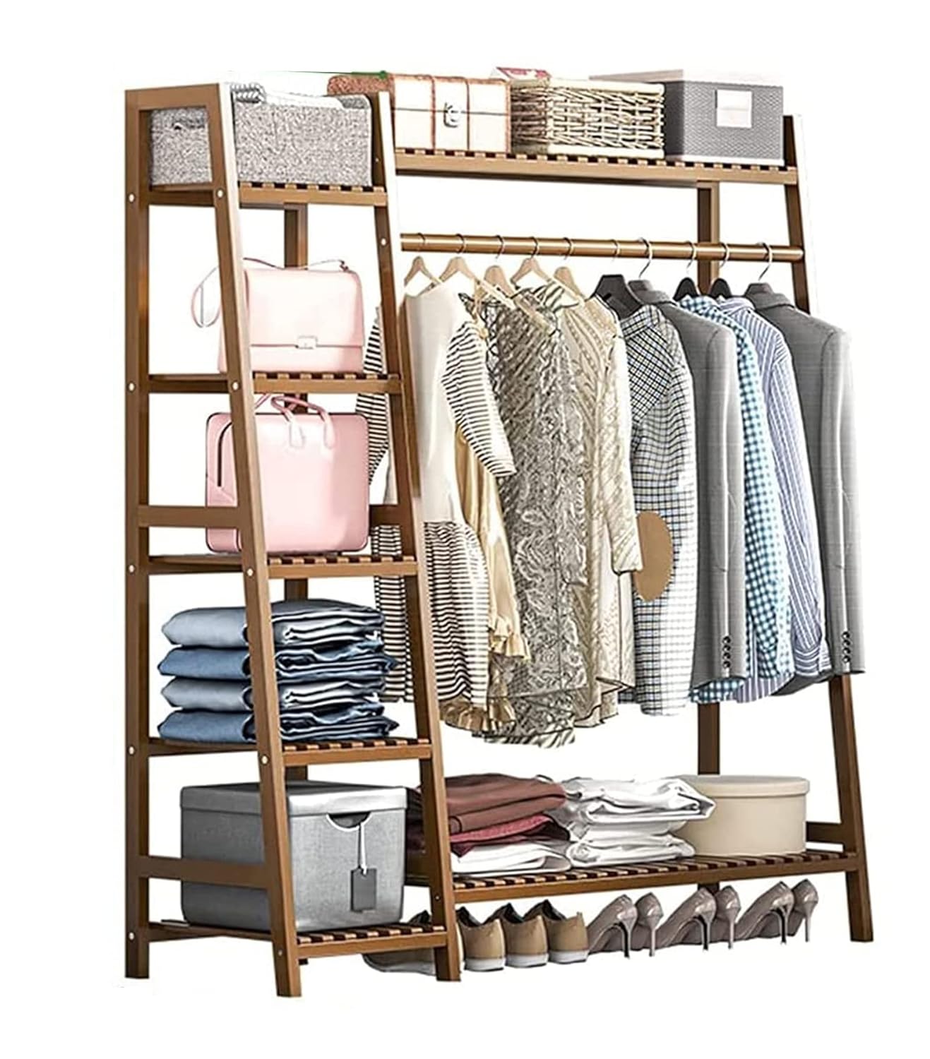 House of Quirk Bamboo Wood Garment Clothing Rack with 5 Tiers Storage Shelf Corner Hanging Rack (110x40x140cm, Tan)