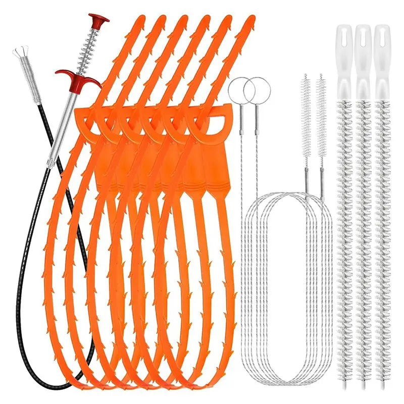 Drain Hair Remover Tool Kit – 25" Flexible Drain Snake & Cleaning Brushes