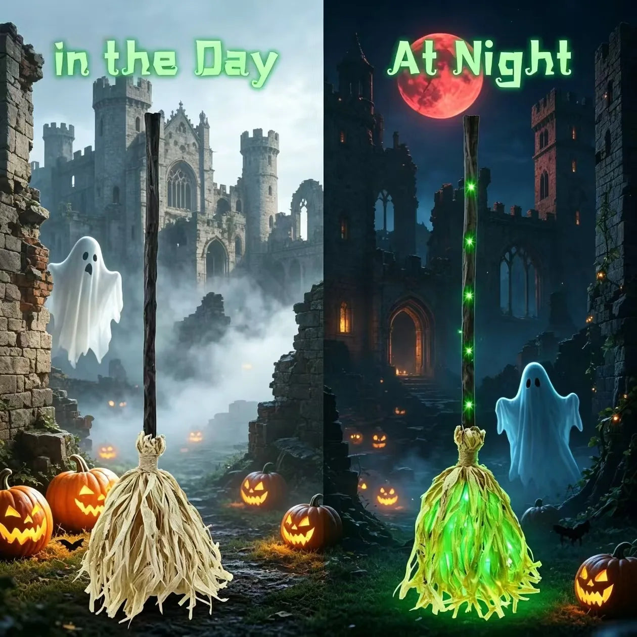 1-4PCS Excellent Glowing Witch Broom with Sound and Self Jumping Action for Halloween Party Gift Decoration Indoor Celebration