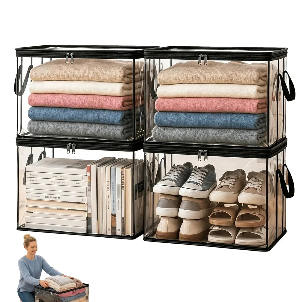 Large Thick Plastic Clear Storage Bag for Clothes, Moving with Zipper Tote Bins Lids Packing Boxes College Extra Containers Dorm
