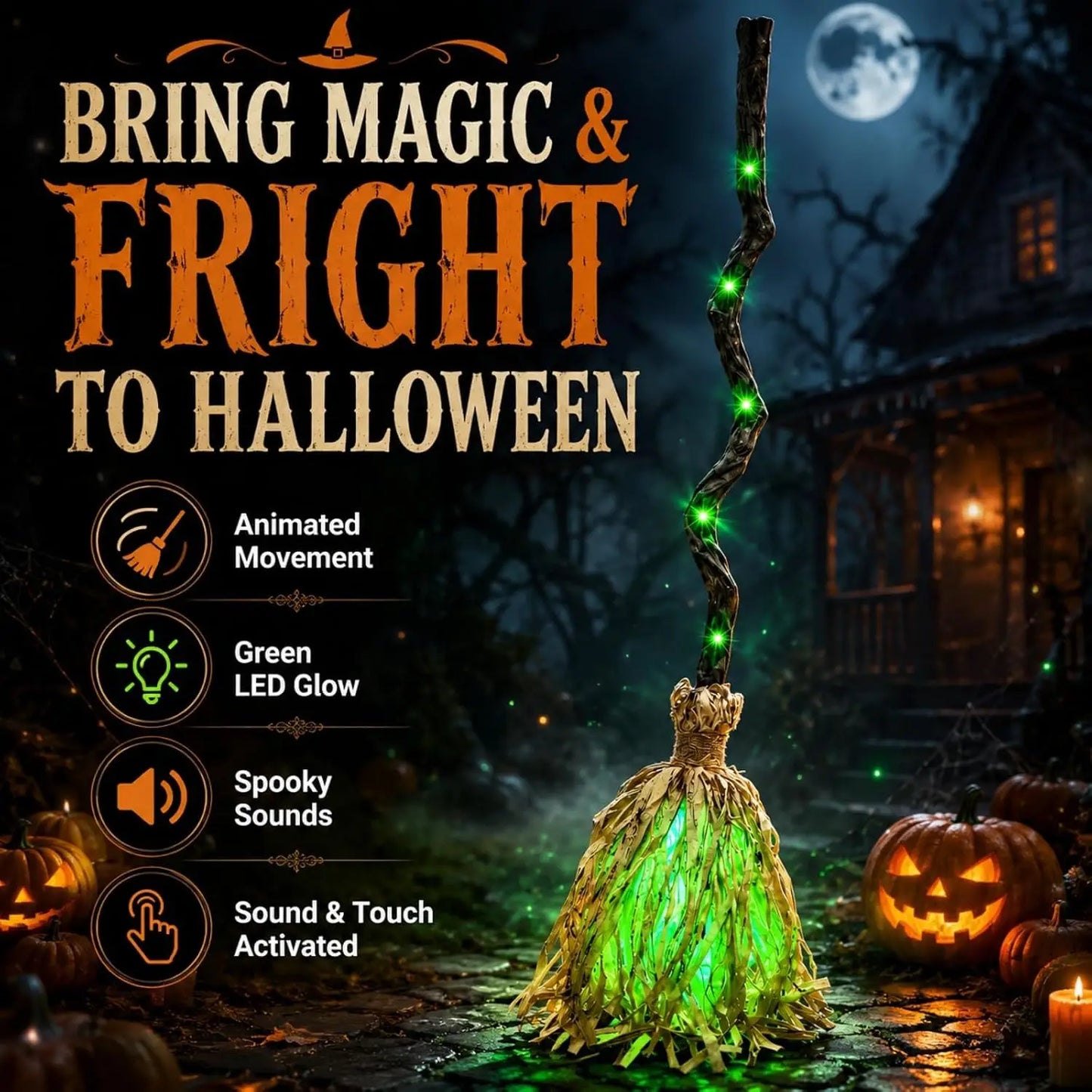 Glowing Witch Broom with Spooky Sounds & Motion