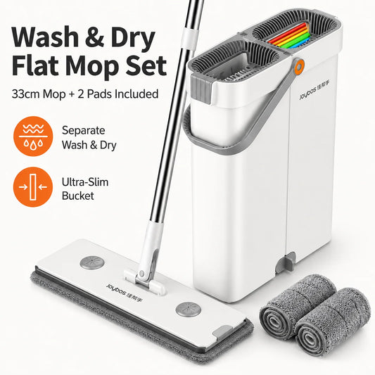 Ultra-Slim Flat Mop & Bucket Set – Hands-Free Wash & Dry Floor Mop