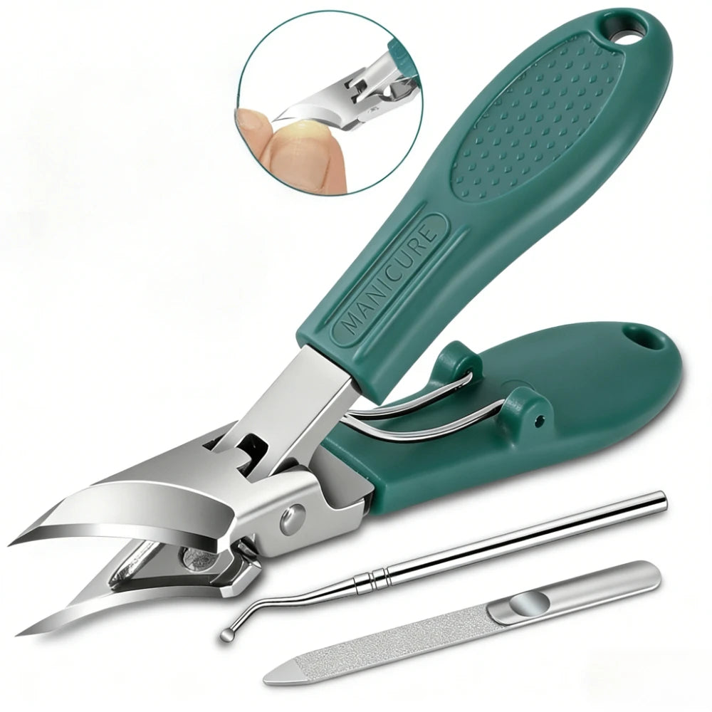 3pcs Stainless Steel Wide Jaw Opening Toenail Clippers Set Long Handle Angled Head Anti-Splash Design for Ingrown and Thick Toen