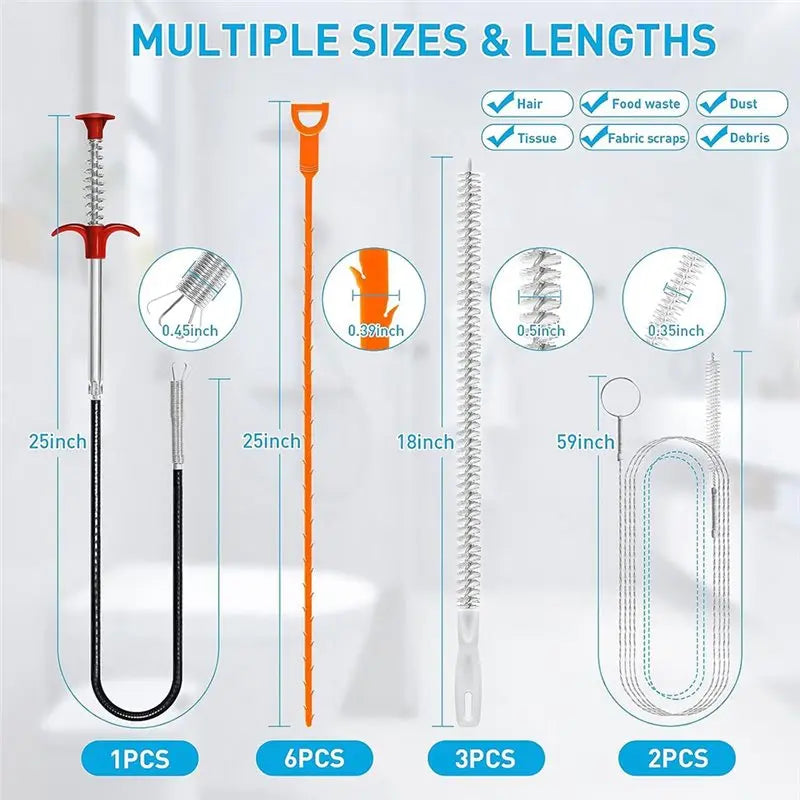 Drain Hair Remover Tool Kit – 25" Flexible Drain Snake & Cleaning Brushes